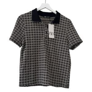 Zara Knit Polo Shirt Black Cream Patterned Short Sleeve Collared Top Size S